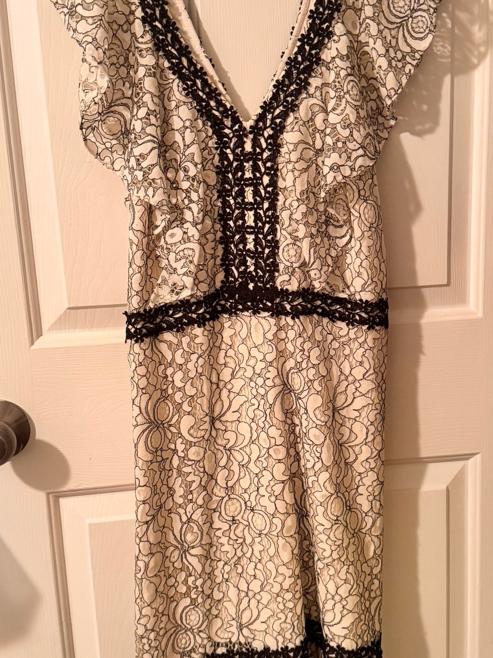 Nanette Lepore Ivory Midi Dress with Black Lace Trim